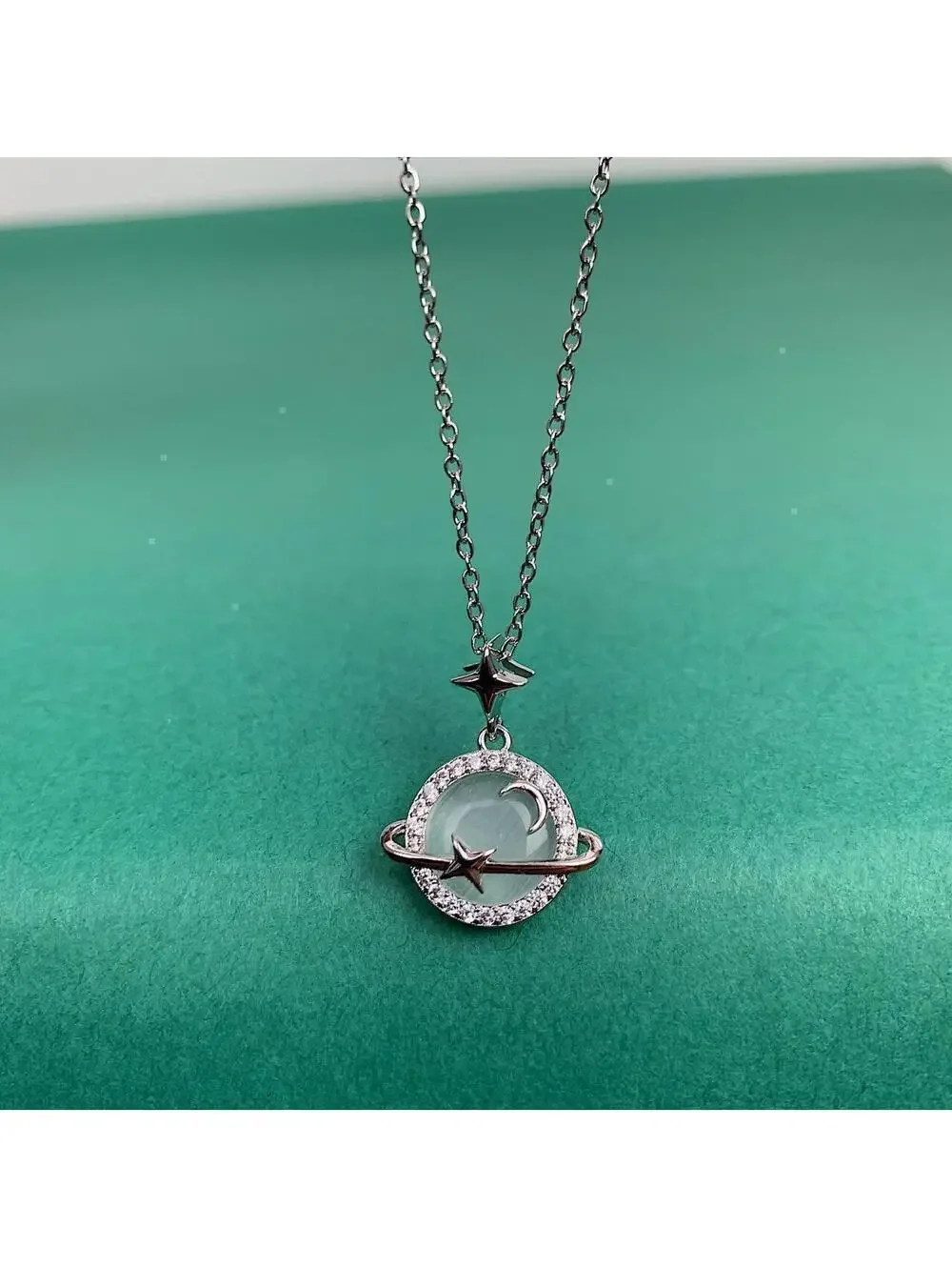 Cyber Y2k silver opal planet pendant opium necklace. Cool design. Chain is